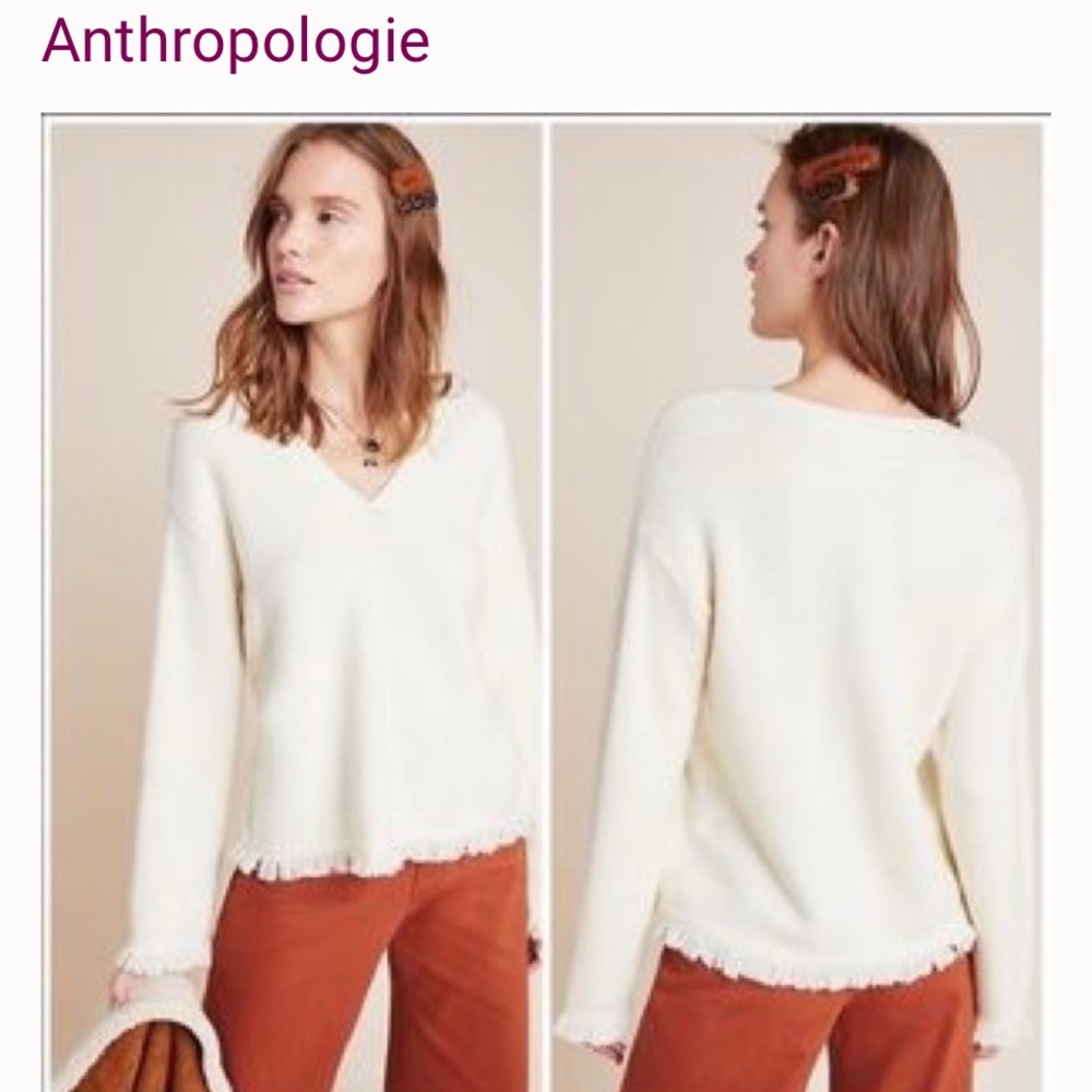 Antropologie joy Nylon/Wool Blend Knit Fringe Trim Cream Sweater Size Small